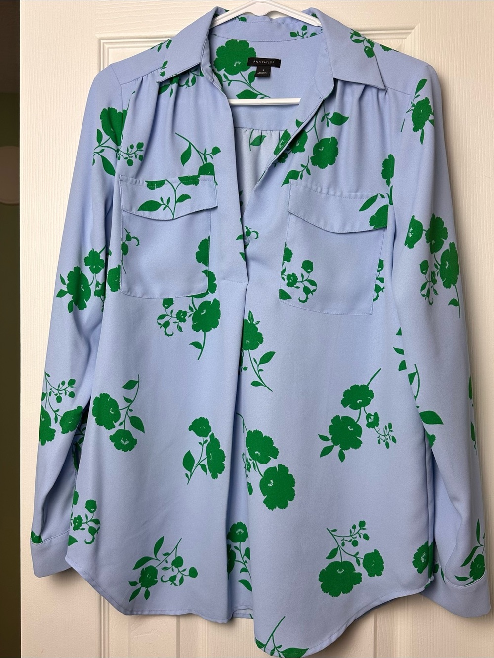 Anne Klein Pale Blue Blouse with Green Floral Print